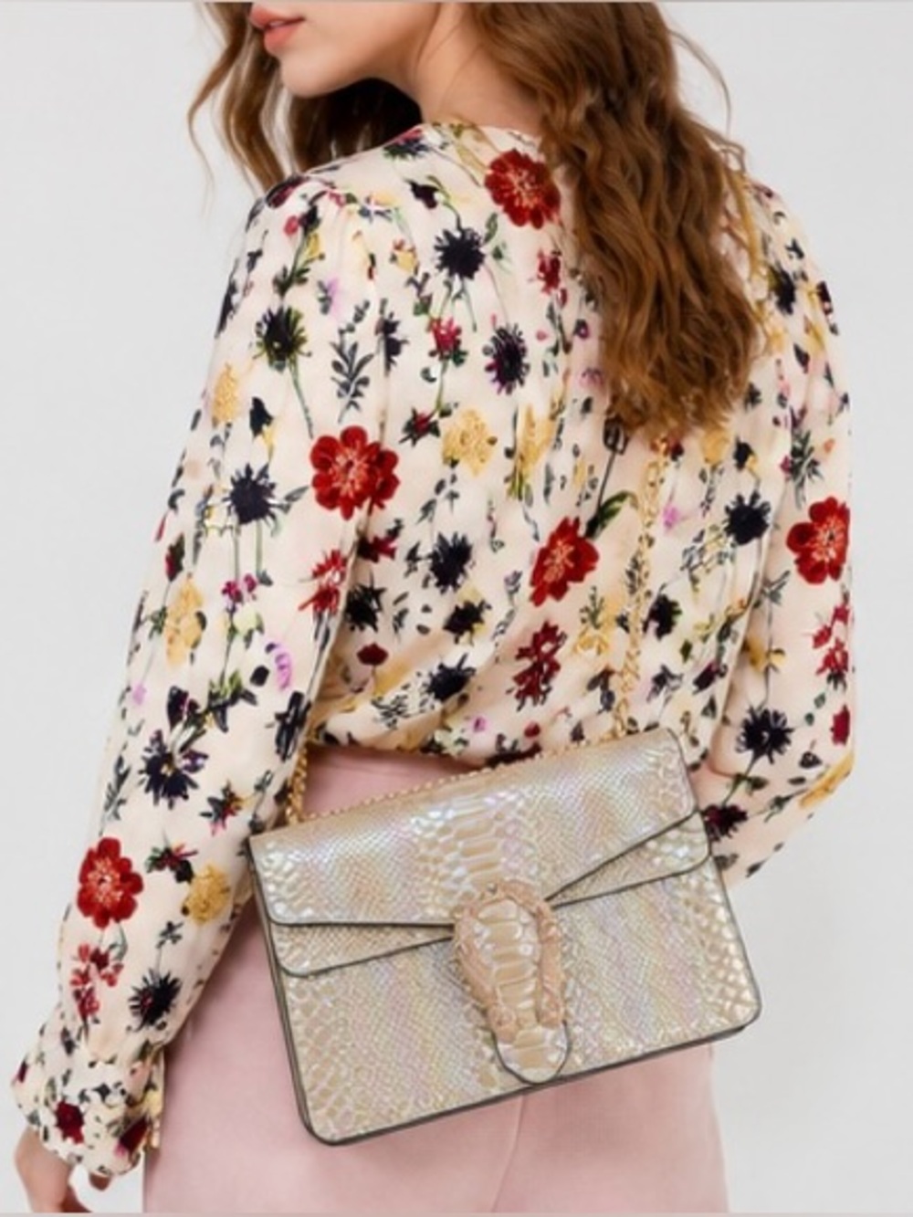 Iridescent Snake Embossed Shoulder Bag | Gold Chain Evening Clutch | Designer